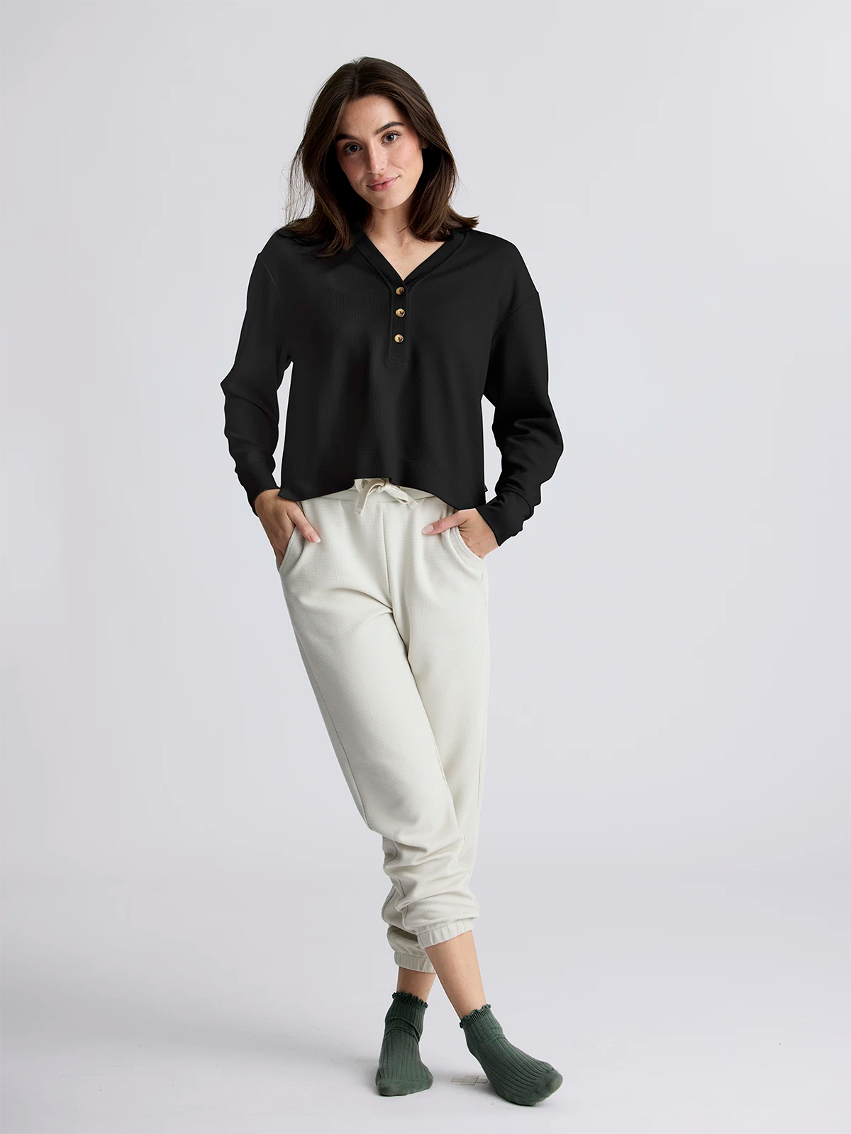 Women's Waffle Long Sleeve Henley - Black Sand