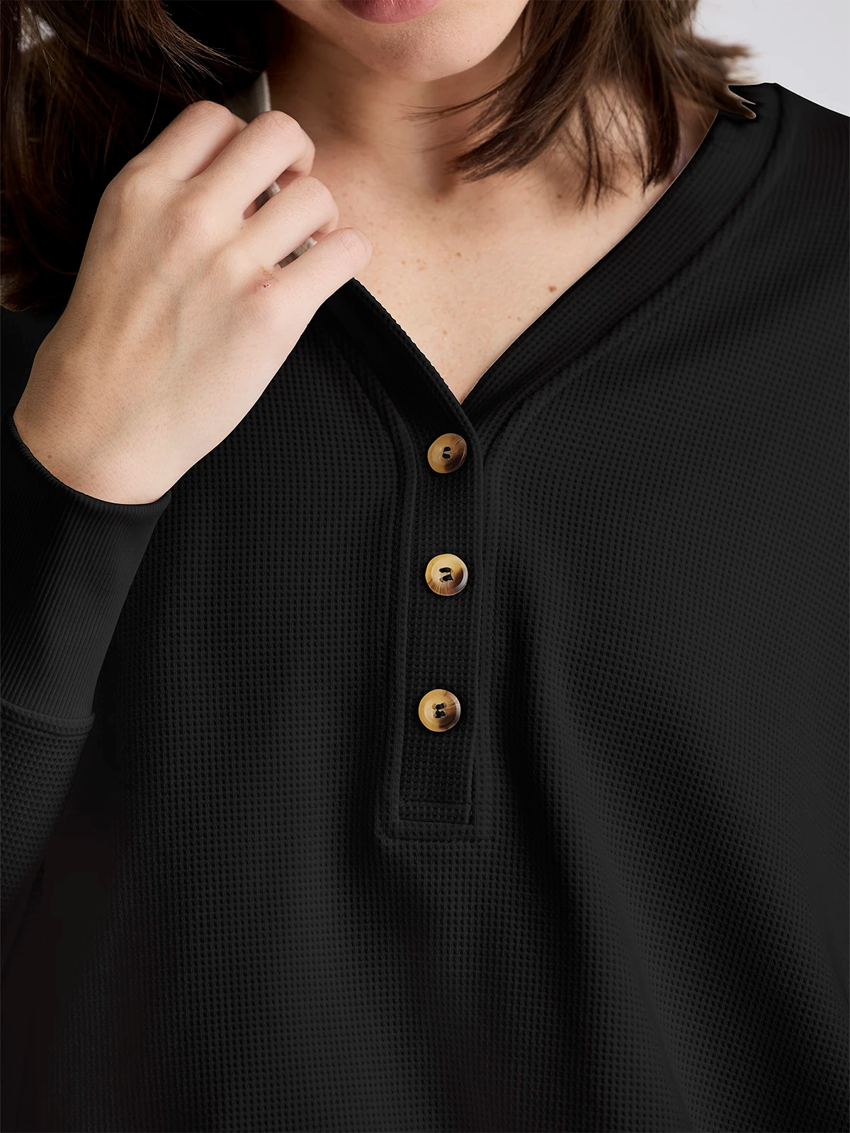 Women's Waffle Long Sleeve Henley - Black Sand