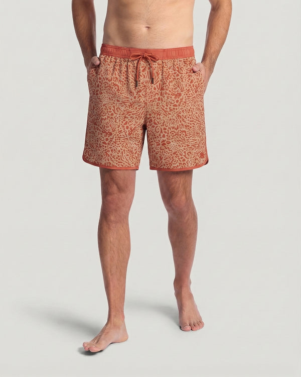 Men's Lined Downshore Trunk - Drifter Print Red Clay