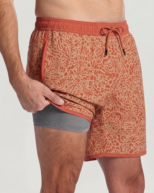 Men's Lined Downshore Trunk - Drifter Print Red Clay