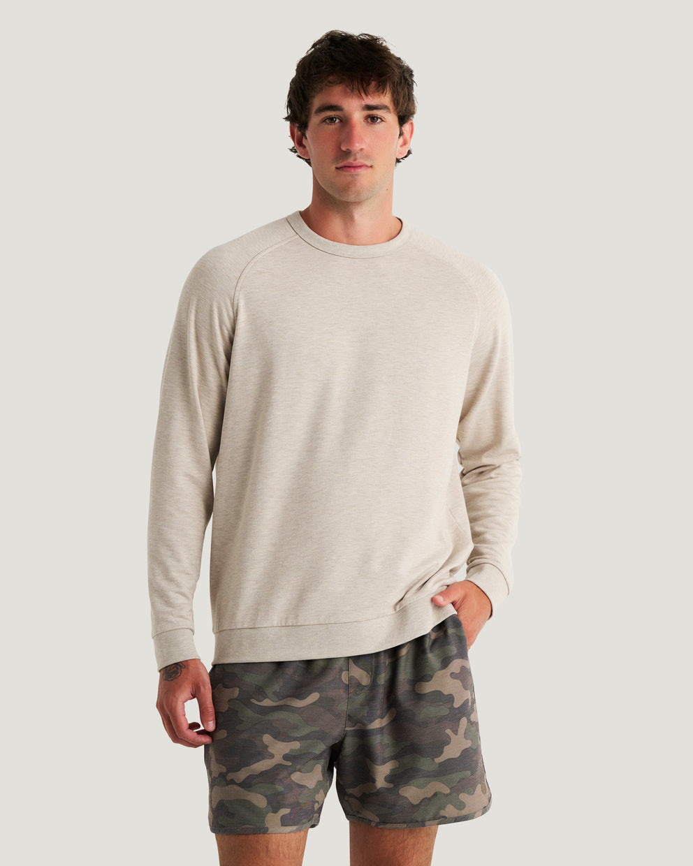 Men's Bamboo Lightweight Fleece Crew - Heather Desert Tan