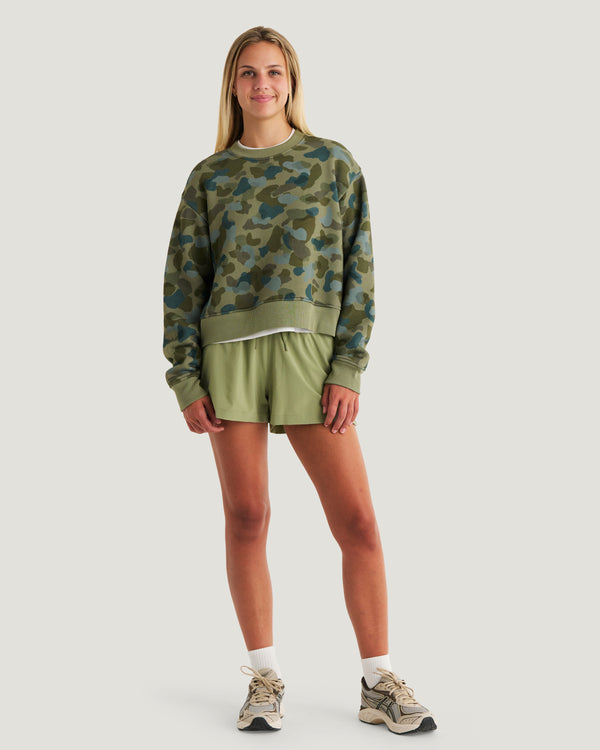 Women's Bamboo Northcoast Fleece Crew - Watercolor Camo Oil Green