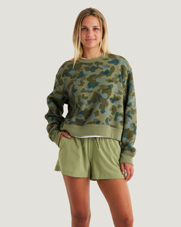 Women's Bamboo Northcoast Fleece Crew - Watercolor Camo Oil Green