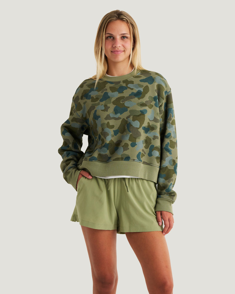 Women's Bamboo Northcoast Fleece Crew - Watercolor Camo Oil Green
