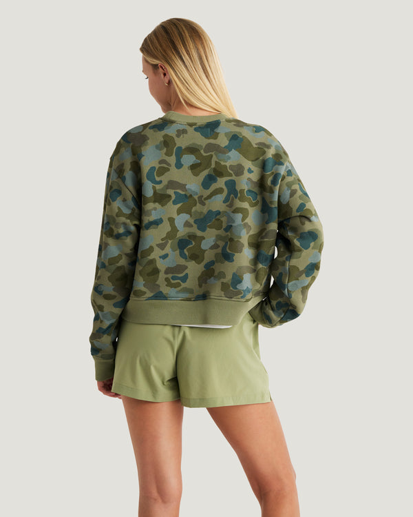 Women's Bamboo Northcoast Fleece Crew - Watercolor Camo Oil Green