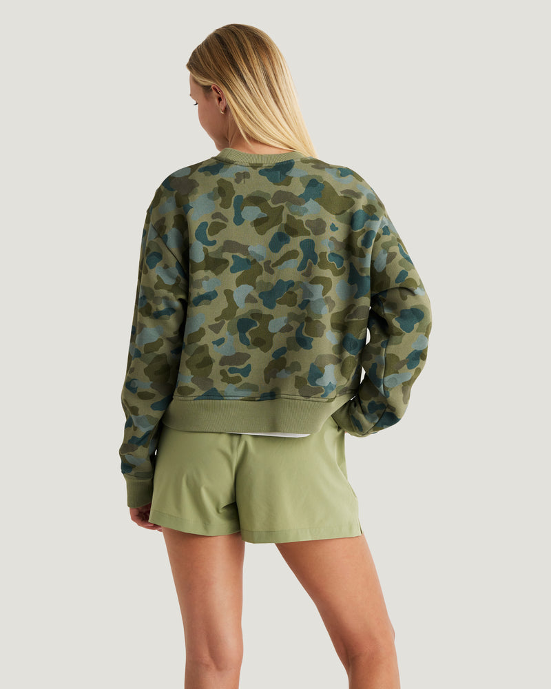Women's Bamboo Northcoast Fleece Crew - Watercolor Camo Oil Green