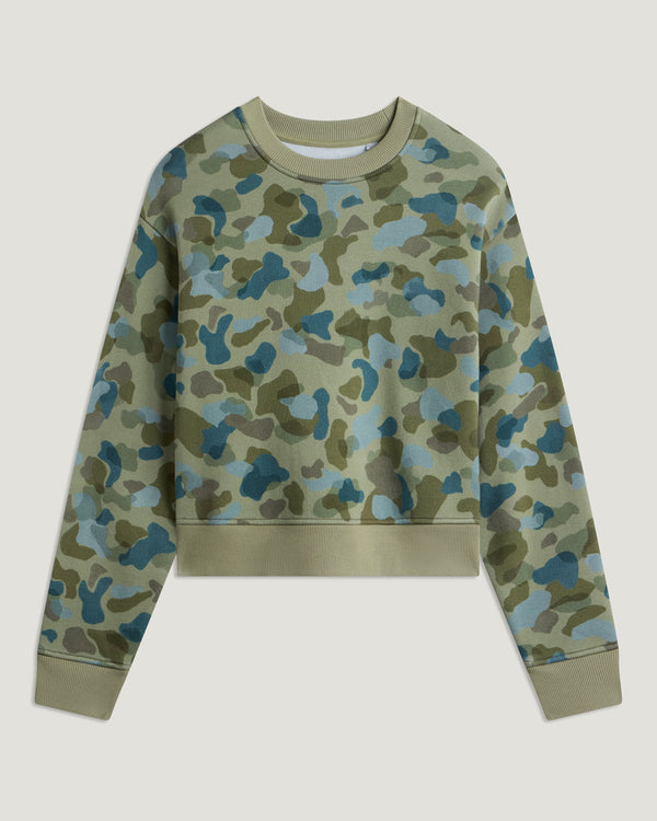 Women's Bamboo Northcoast Fleece Crew - Watercolor Camo Oil Green