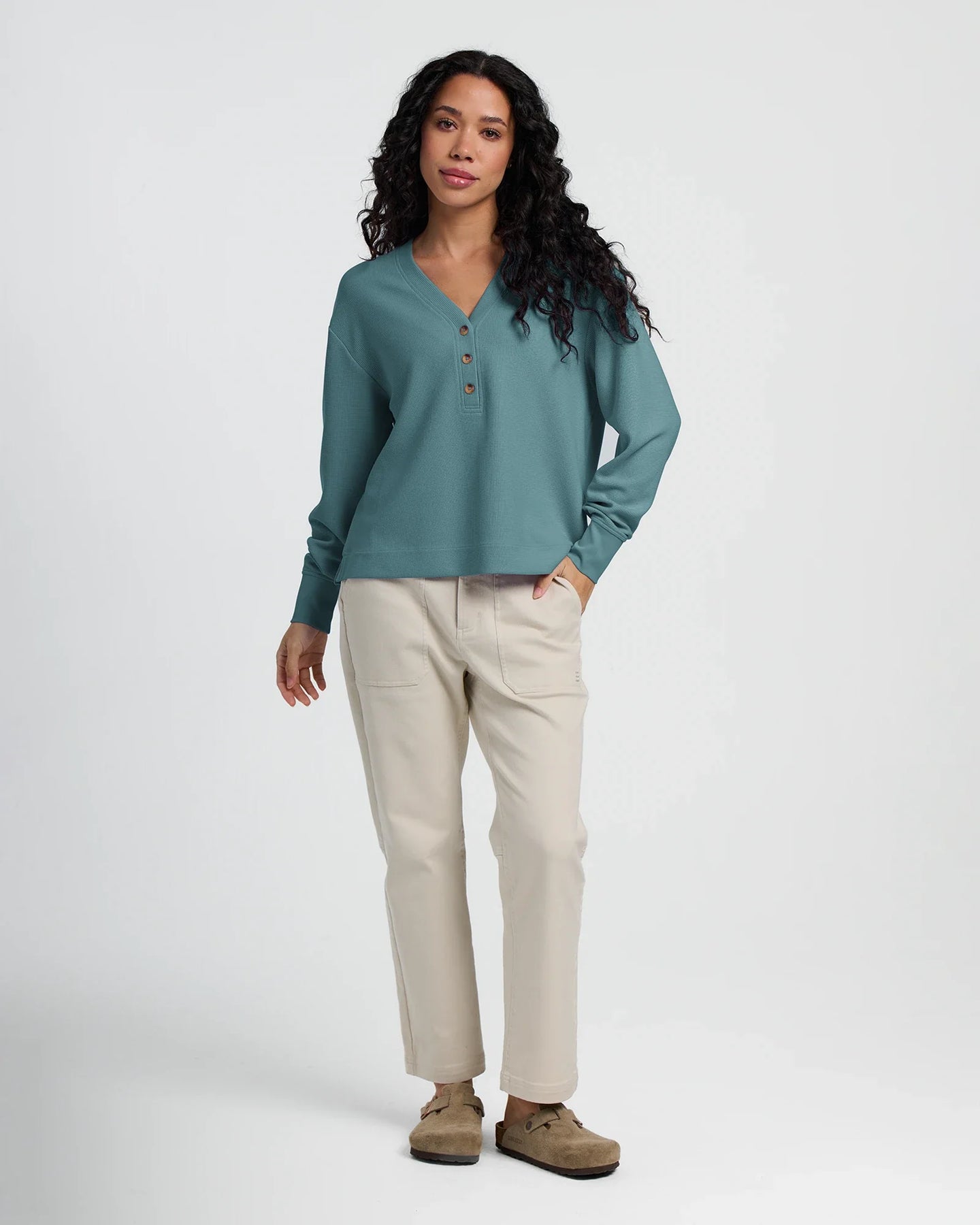 Women's Waffle Long Sleeve Henley - Sea Pine