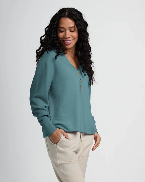 Women's Waffle Long Sleeve Henley - Sea Pine