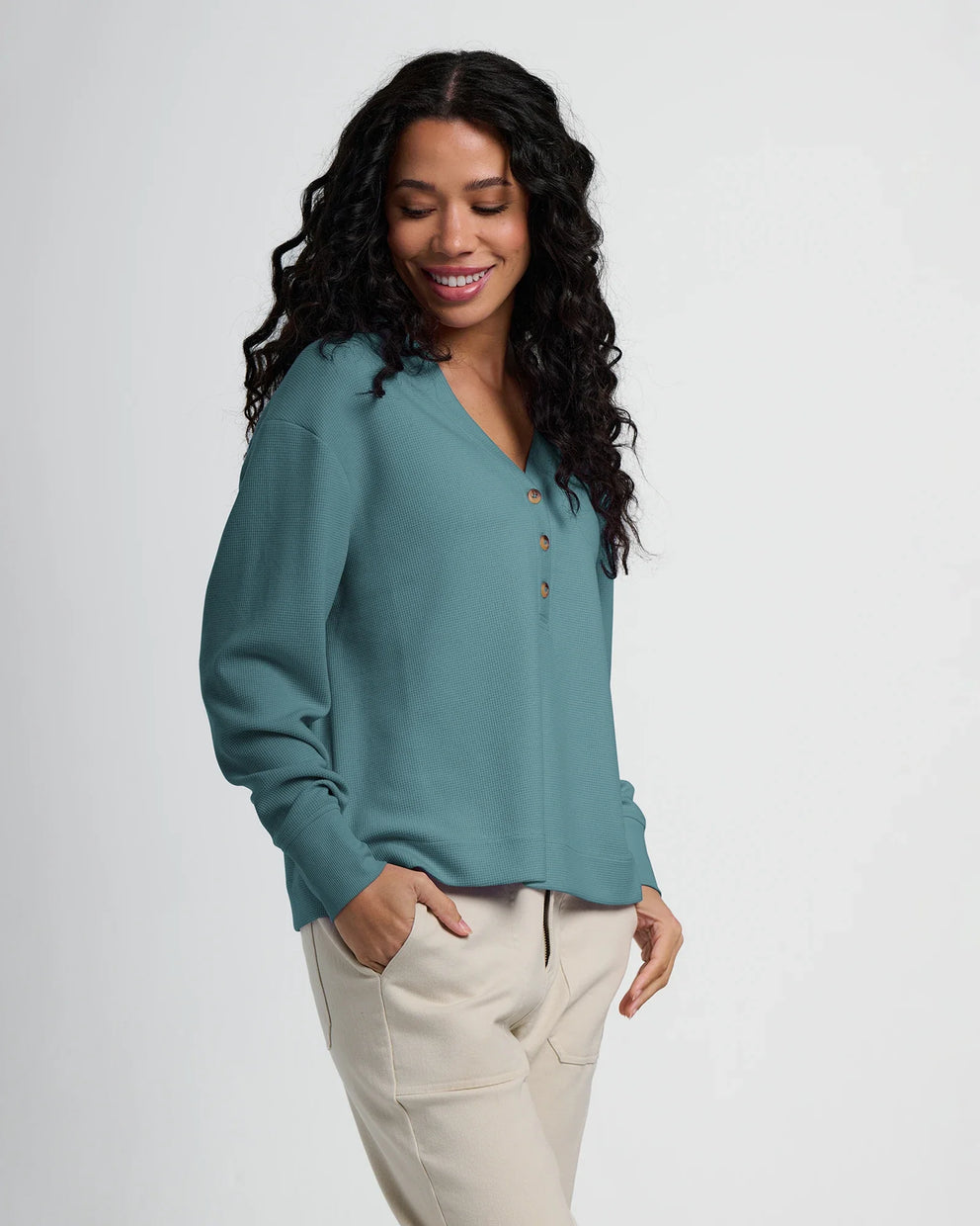 Women's Waffle Long Sleeve Henley - Sea Pine