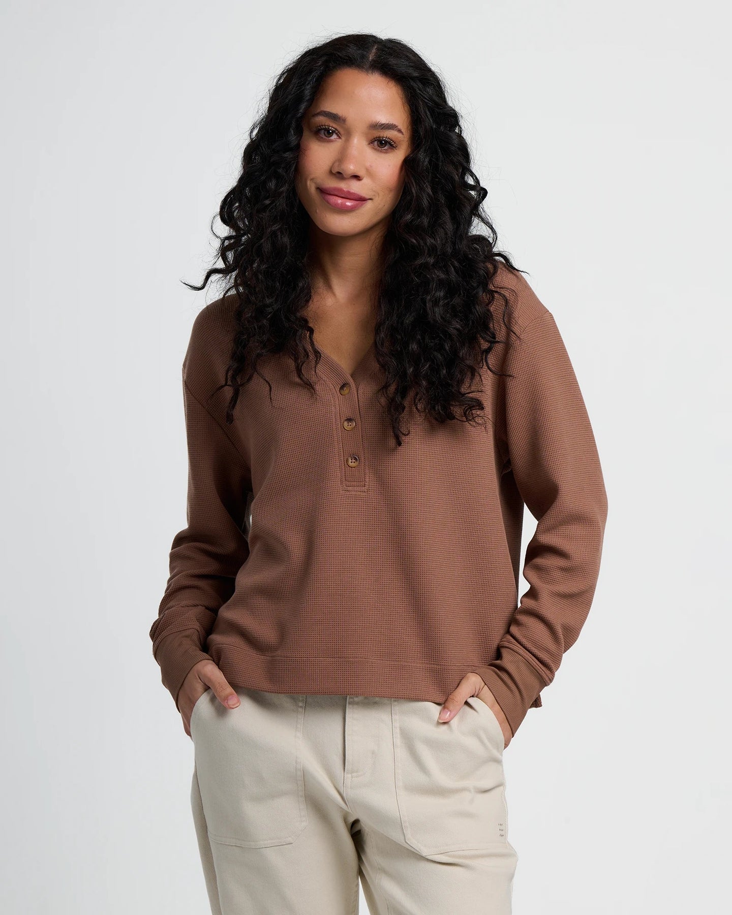 Women's Waffle Long Sleeve Henley - Nutmeg