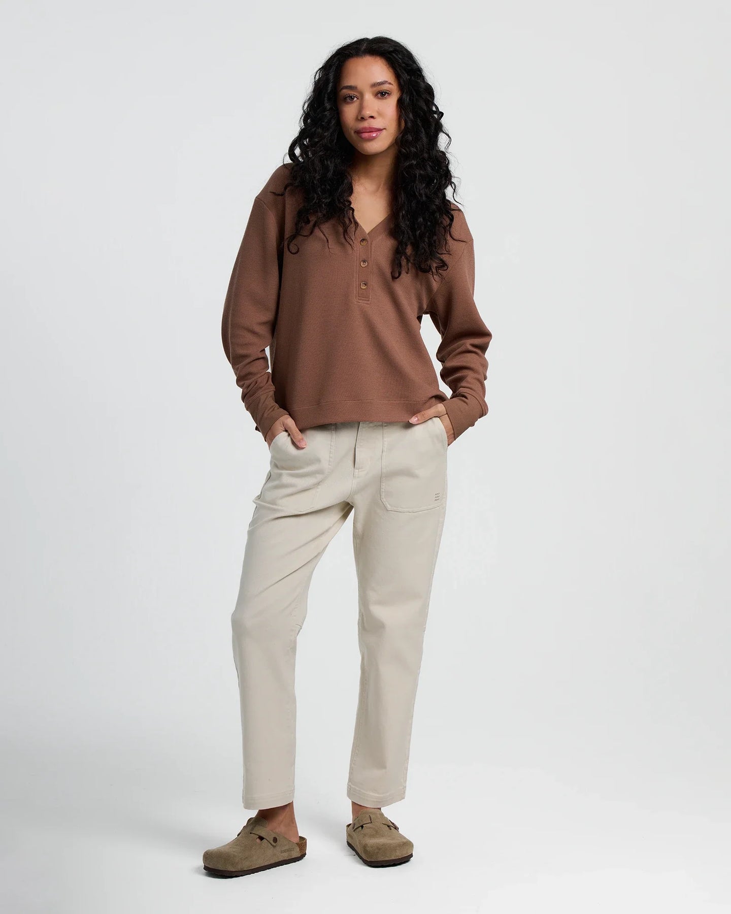Women's Waffle Long Sleeve Henley - Nutmeg
