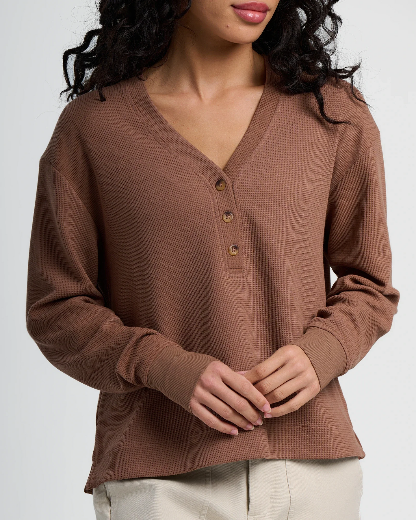 Women's Waffle Long Sleeve Henley - Nutmeg
