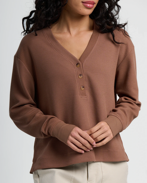 Women's Waffle Long Sleeve Henley - Nutmeg