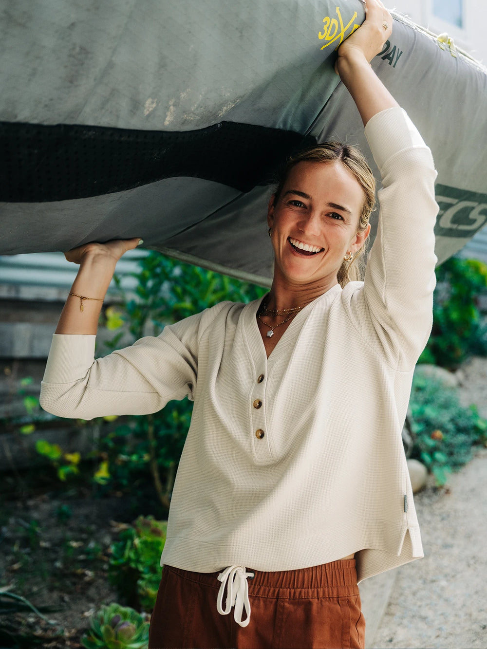 Women's Waffle Long Sleeve Henley - Birch image