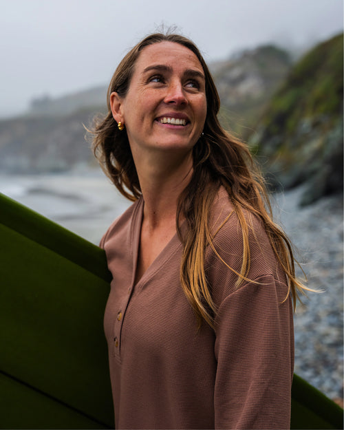 Women's Waffle Long Sleeve Henley - Nutmeg