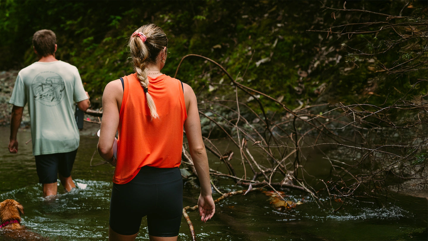 Two people and a dog wading through a stream in a natural setting