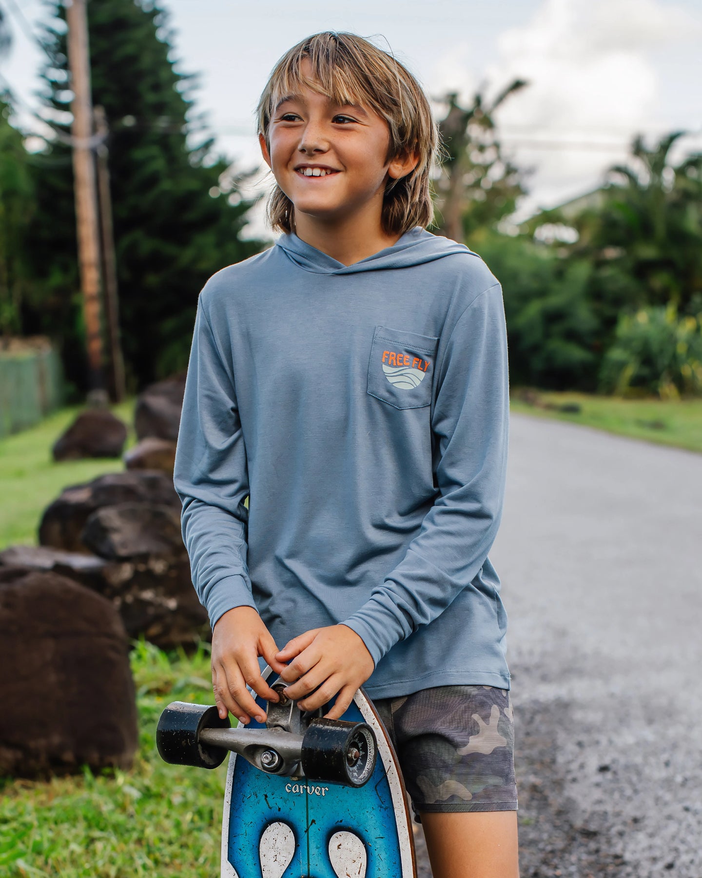 Youth Bamboo Shade Graphic Hoodie - Born To Roam Pacific Blue