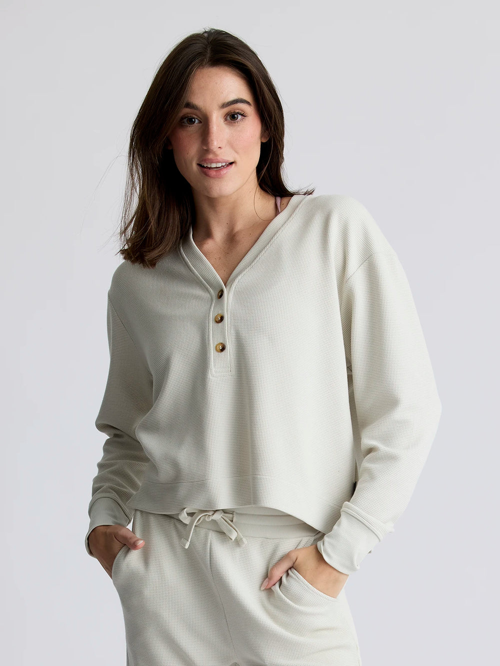 Women's Waffle Long Sleeve Henley - Birch second image