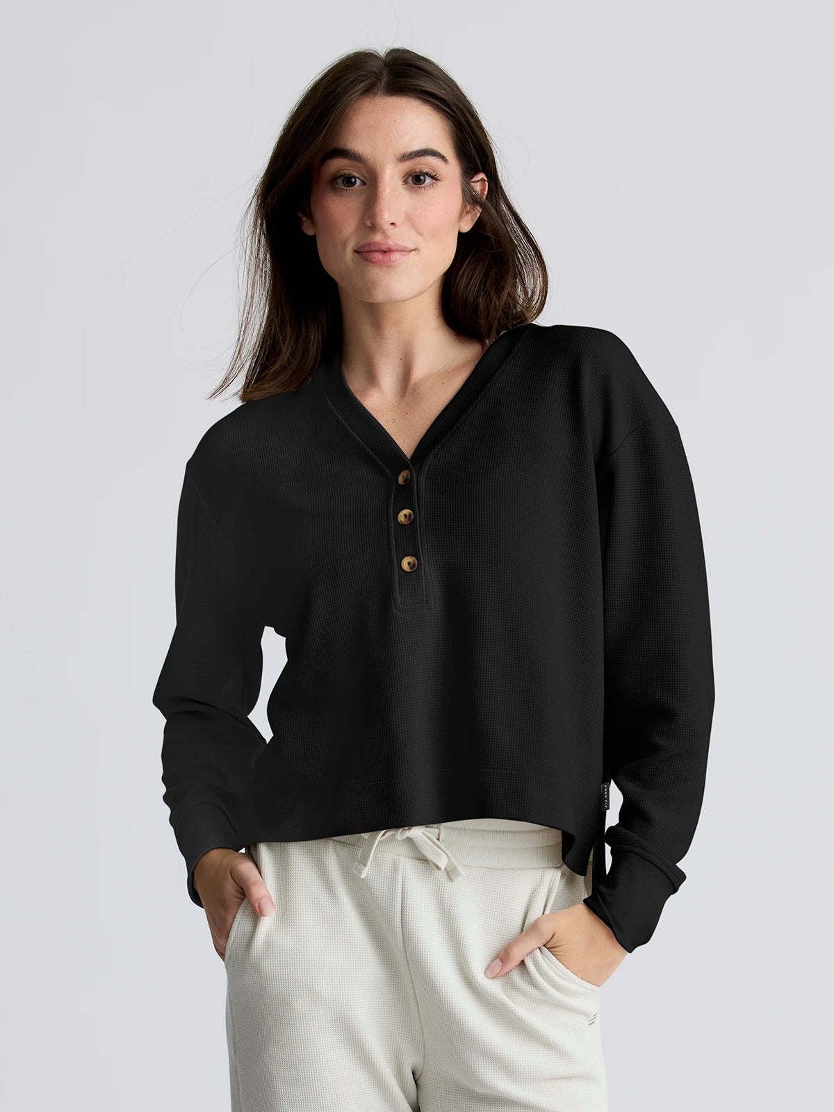 Women's Waffle Long Sleeve Henley - Black Sand