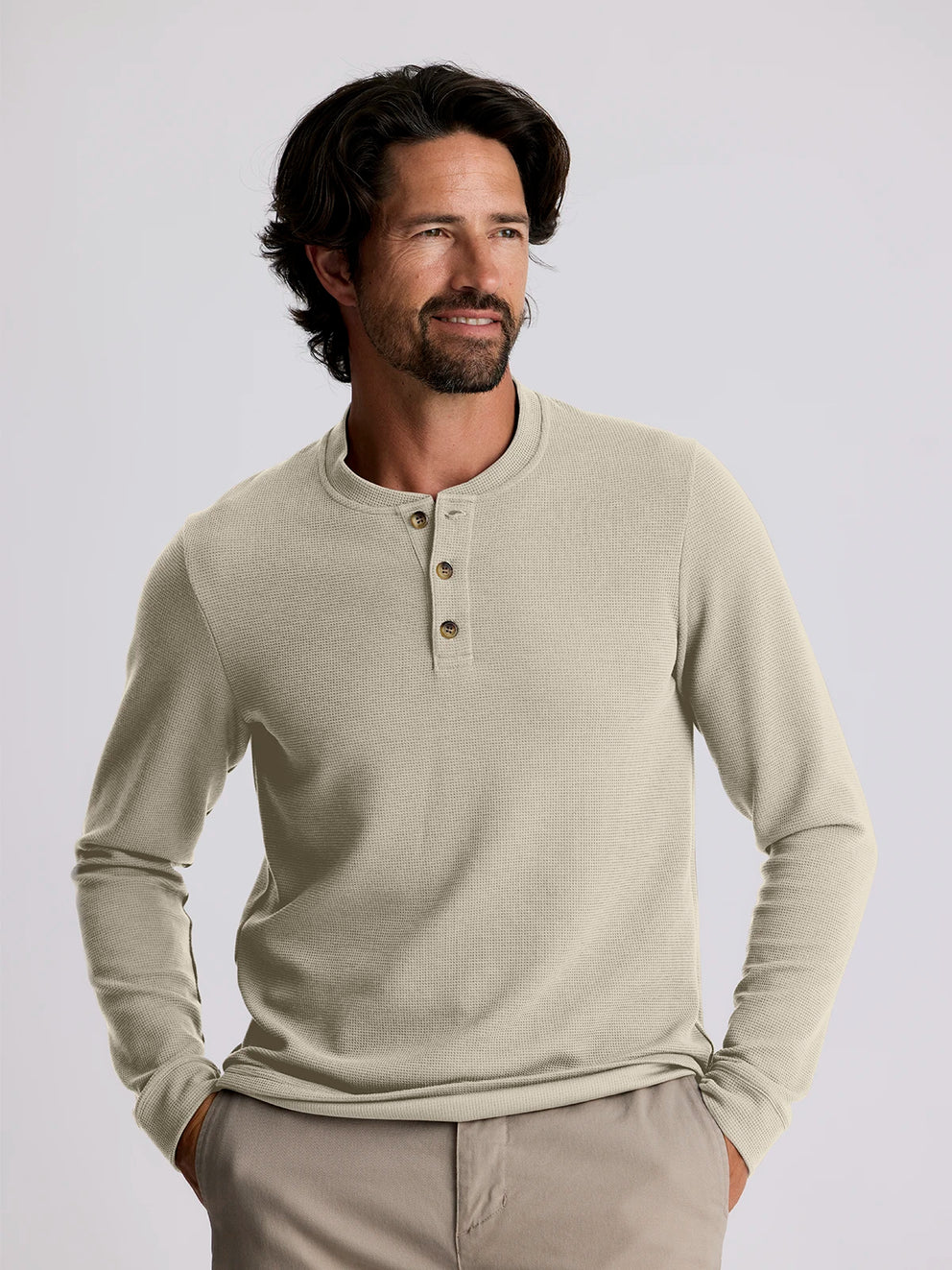 Men's Waffle Long Sleeve Henley Sandstone – Free Fly Apparel